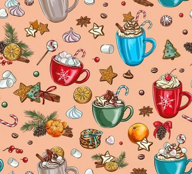 Seamless holiday patterns of spices for tea and coffee: cinnamon, lemon, st.. Stock Illustration