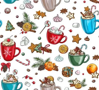 Seamless holiday patterns of spices for tea and coffee: cinnamon, lemon, st.. Stock Illustration