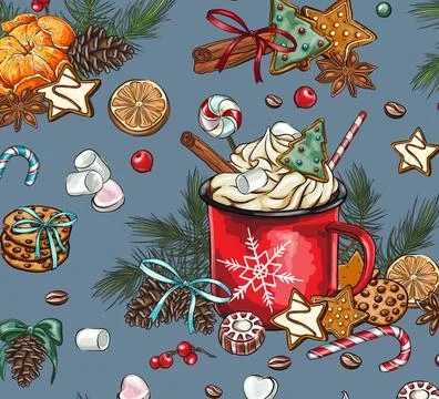 Seamless holiday patterns of spices for tea and coffee: cinnamon, lemon, st.. Stock Illustration