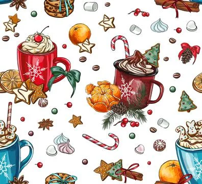 Seamless holiday patterns of spices for tea and coffee, inscription with gi.. Illustrazione stock