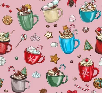Seamless holiday patterns of spices for tea and coffee: cinnamon, lemon, st.. Stock Illustration