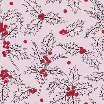 Seamless Holly Doodle Pattern with Spiky Leaves and Red Berries. Christmas Stockillustratie