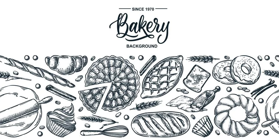 Seamless horizontal background with baking bread, pie, donuts, croissant. Vec Stock Illustration