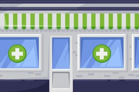 Seamless horizontal background with green pharmacy shop. Vector cartoon illus Stock Illustration