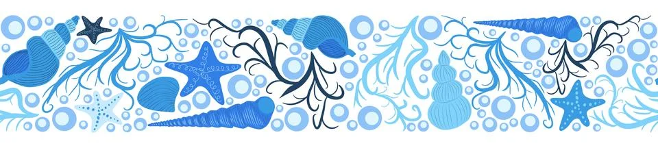 Seamless horizontal banner pattern with shells, bubbles, seaweed, fish, coral Stock Illustration