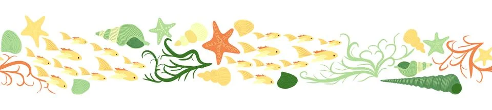Seamless horizontal banner pattern with shells, bubbles, seaweed, fish, coral Illustrazione stock