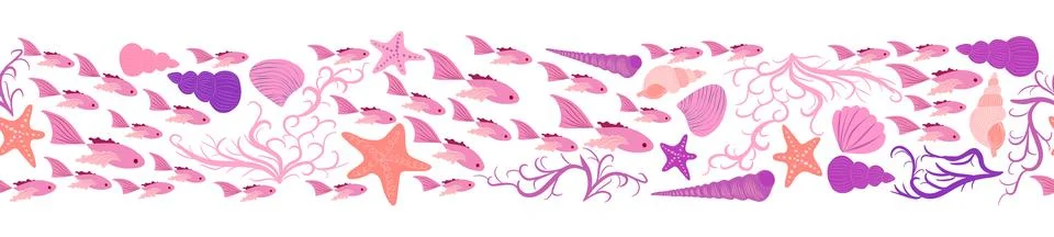 Seamless horizontal banner pattern with shells, bubbles, seaweed, fish, coral 스톡 일러스트