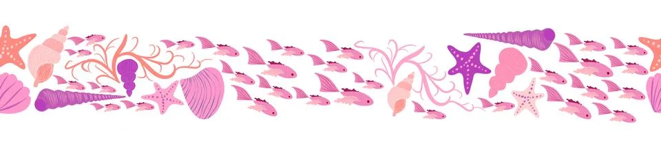 Seamless horizontal banner pattern with shells, bubbles, seaweed, fish, coral 스톡 일러스트