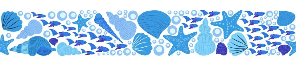 Seamless horizontal banner pattern with shells, bubbles, seaweed, fish, coral Illustrazione stock
