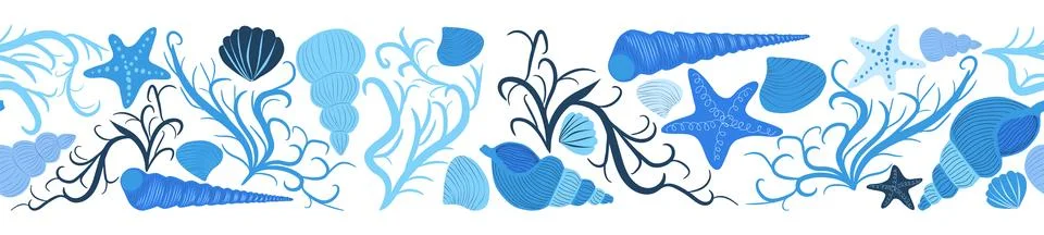 Seamless horizontal banner pattern with shells, bubbles, seaweed, fish, coral 스톡 일러스트