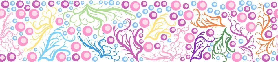 Seamless horizontal banner pattern with shells, bubbles, seaweed, fish, coral Illustrazione stock