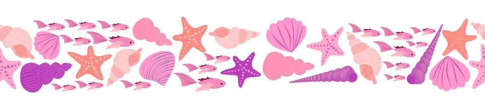 Seamless horizontal banner pattern with shells, bubbles, seaweed, fish, coral 스톡 일러스트