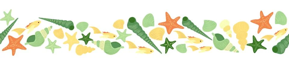 Seamless horizontal banner pattern with shells, bubbles, seaweed, fish, coral 스톡 일러스트