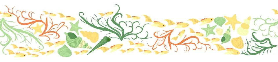 Seamless horizontal banner pattern with shells, bubbles, seaweed, fish, coral 스톡 일러스트