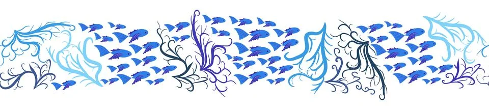 Seamless horizontal banner pattern with shells, bubbles, seaweed, fish, coral Stock Illustration