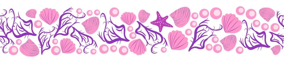 Seamless horizontal banner pattern with shells, bubbles, seaweed, fish, coral Stockillustratie