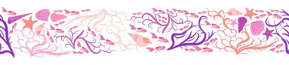 Seamless horizontal banner pattern with shells, bubbles, seaweed, fish, coral イラスト素材