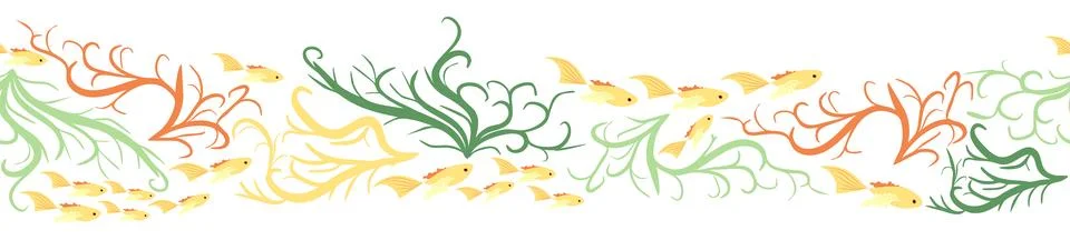 Seamless horizontal banner pattern with shells, bubbles, seaweed, fish, coral 库存插图