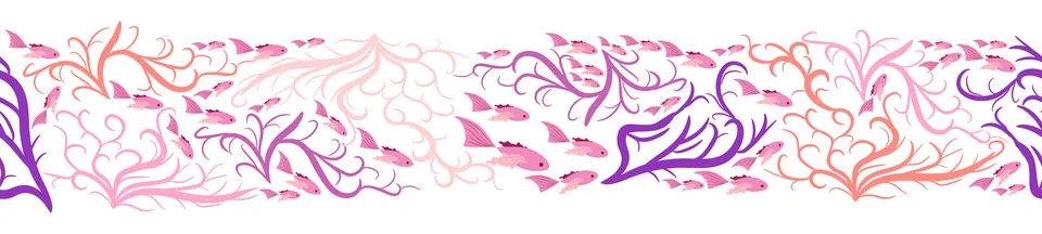Seamless horizontal banner pattern with shells, bubbles, seaweed, fish, coral 스톡 일러스트
