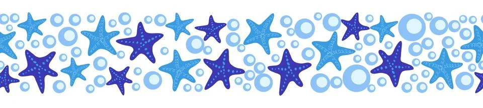 Seamless horizontal banner pattern with shells, bubbles, seaweed, fish, coral Stock Illustration