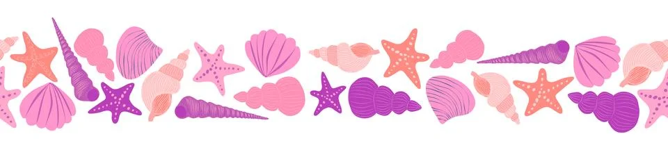 Seamless horizontal banner pattern with shells, bubbles, seaweed, fish, coral イラスト素材