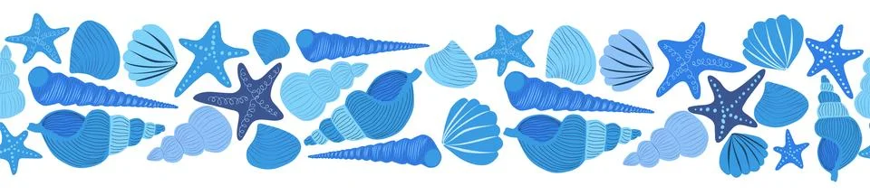 Seamless horizontal banner pattern with shells, bubbles, seaweed, fish, coral Stock Illustration