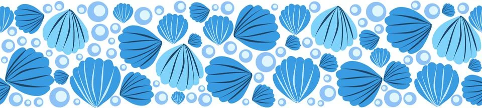 Seamless horizontal banner pattern with shells, bubbles, seaweed, fish, coral Illustrazione stock