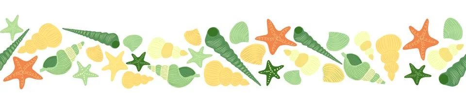 Seamless horizontal banner pattern with shells, bubbles, seaweed, fish, coral 스톡 일러스트