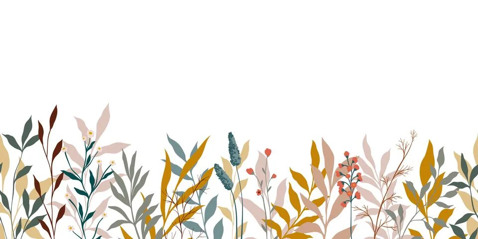 Seamless horizontal border, abstract art with summer meadow plants, wild flowers Stock Illustration