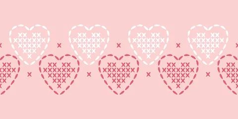 Seamless horizontal border. Cozy vector doodle a heart-shaped cross-stitch motif Stockillustratie