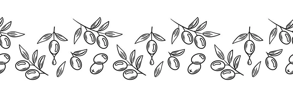 A seamless horizontal border featuring elegant olive branches and fruits Illustrazione stock