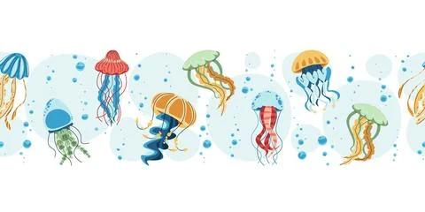 Seamless Horizontal Border with Jellyfish and Bubbles. Underwater Ocean Patte Stock Illustration