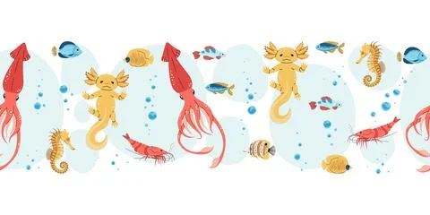 Seamless Horizontal Border with Squid, Bubbles and Axolotl in Flat Style. Und Illustrazione stock