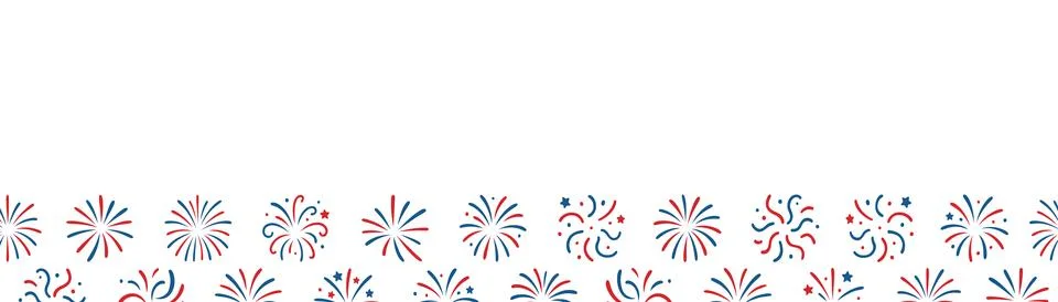 Seamless horizontal border of stylized red and blue fireworks and confetti on a Stock Illustration