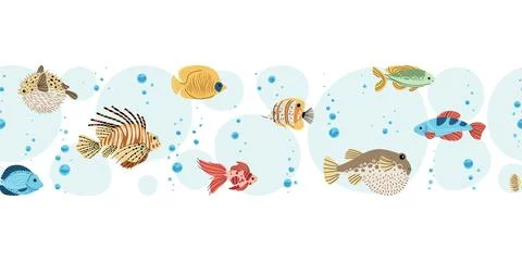 Seamless Horizontal Border with tropical fish and Bubbles. Underwater Ocean.. Illustrazione stock