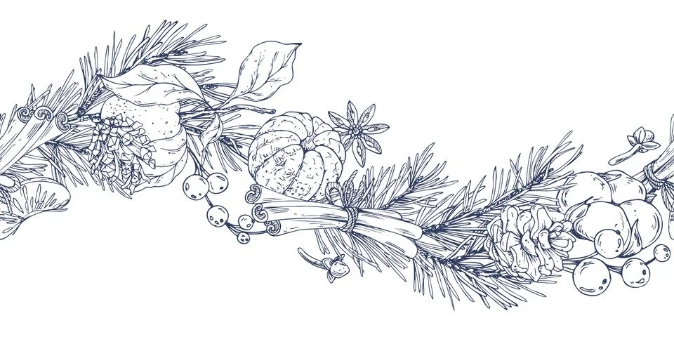 A seamless horizontal Christmas border pattern with pine branches and cones Stock Illustration