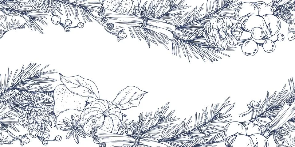 A seamless horizontal Christmas border pattern with pine branches and cones Stock Illustration