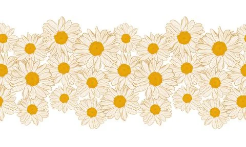 Seamless horizontal daisy border with bronze outline isolated on white backgr Stockillustratie