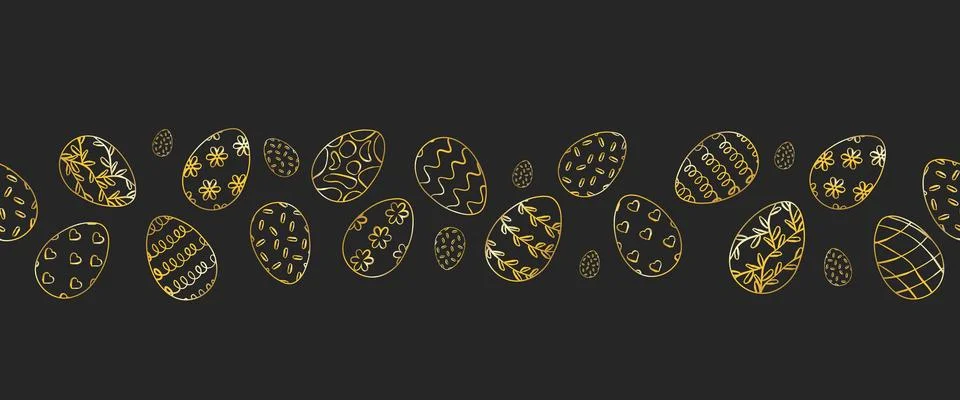 Seamless horizontal Easter border of golden decorative eggs on a dark backg.. 库存插图