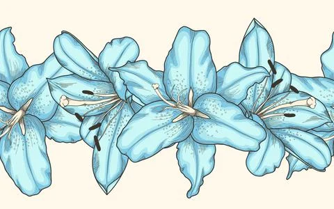 Seamless horizontal frame element of blue lilies flowers . Hand-drawn contour Stock Illustration