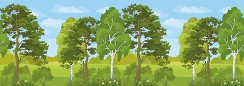 Seamless Horizontal Landscape, Summer Forest Stock Illustration