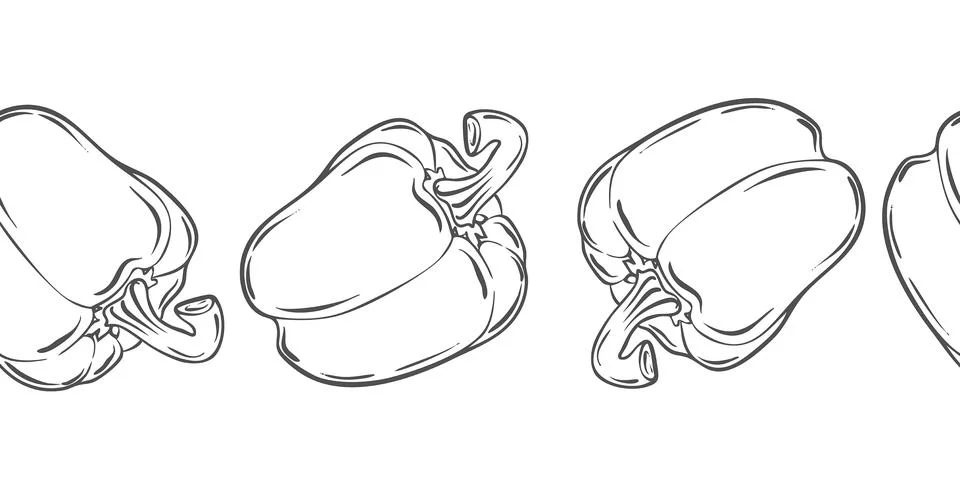 Seamless horizontal outline pattern with peppers. Doodle of vegetables. Stock Illustration