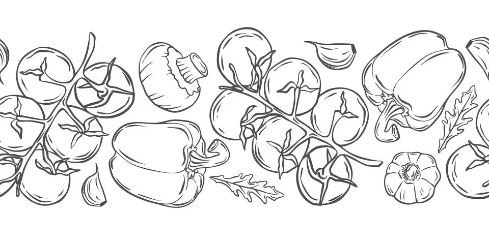 Seamless horizontal outline pattern with tomatoes, peppers, and mushrooms. Stock Illustration