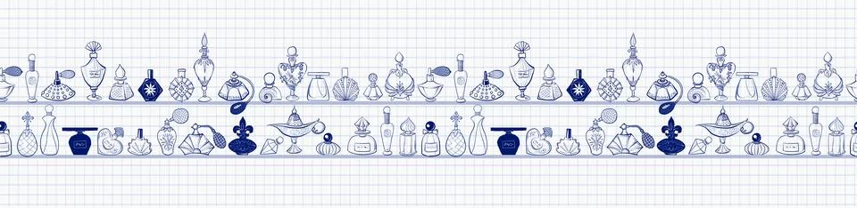 Seamless horizontal pattern with blue pen doodle perfume bottles on lined paper Illustrazione stock