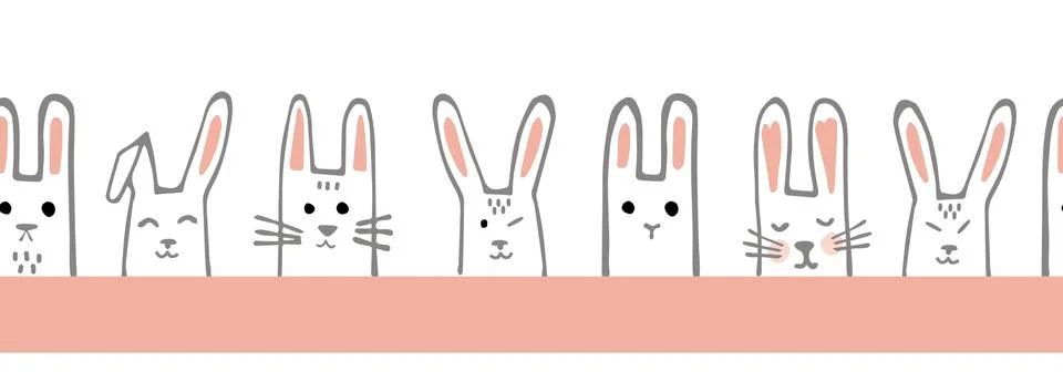 Seamless horizontal pattern with bunny faces. Rabbits Vector border or tape 스톡 일러스트