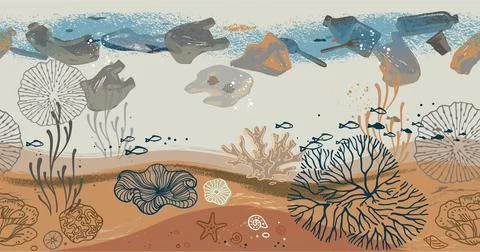 Seamless horizontal pattern with corals, algae, fish, and starfish. Flat icons Stock Illustration