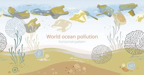 Seamless horizontal pattern with corals, algae, fish, and starfish. Flat icons Stock Illustration