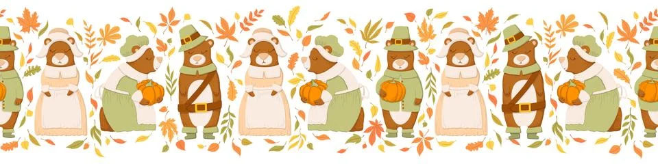 Seamless horizontal pattern with cute bears, autumn leaves and branches iso.. Stock Illustration