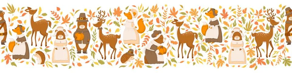 Seamless horizontal pattern with cute foxes, deers, bears, autumn leaves an.. Stock Illustration
