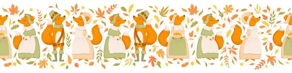 Seamless horizontal pattern with cute foxes, autumn leaves and branches iso.. Stock Illustration